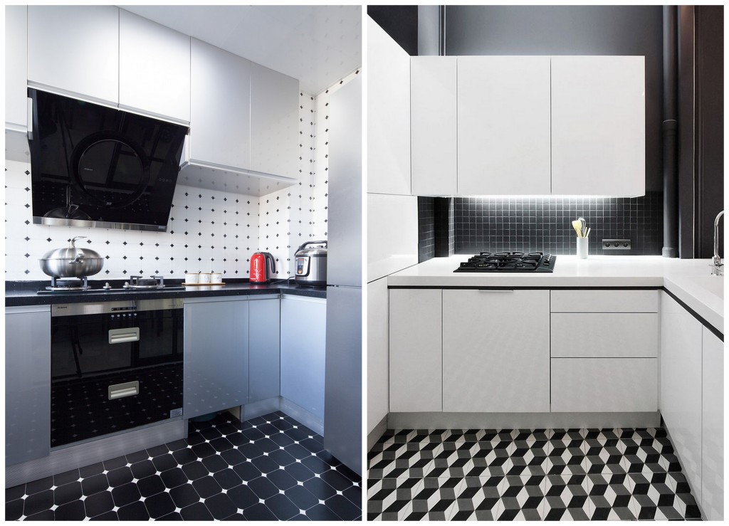مطبخ داخلي أبيض وأسود البلاط الأسود في المطبخ الداخلية المتناقضة