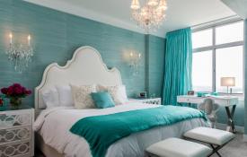 3×4メートルのターコイズブルーの寝室のデザイン：洗練されたスタイリッシュなインテリア